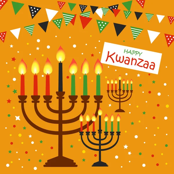 Happy Kwanzaa vector flat illustration on bright yellow background with confetti and candels. African celebration cute design card. — Stock Vector