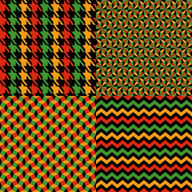 Renkli, geometrik dikişsiz ve kafes desenli vektörsüz kwanzaa deseni. Siyah arka planda parlak bir iz. İskoç kontrollü arka planı. Kusursuz kumaş dokusu. Vektör