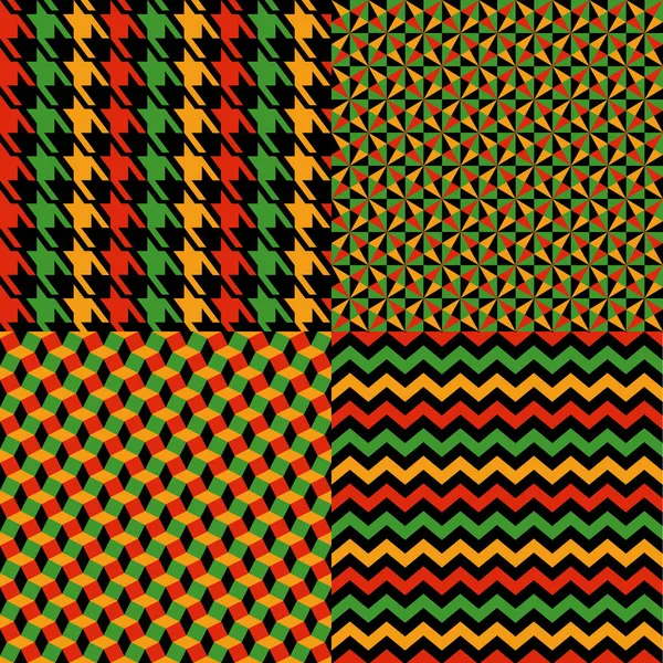 Vektor sömlös kwanzaa mönster set med färgat tryck och geomerrisk sömlös och bur mönster. Ljus tryck på svart bakgrund. Skotsk rutig bakgrund. Sömlös textur. Vektor — Stock vektor