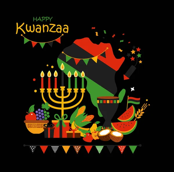 Biglietto vettoriale di celebrazione Happy Kwanzaa. Simboli di festa su sfondo nero nella mappa africana. — Vettoriale Stock