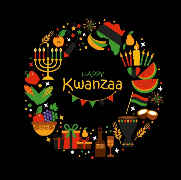 Vector collection of Happy Kwanzaa. Holiday symbols on black background in wreath. — Stock Vector