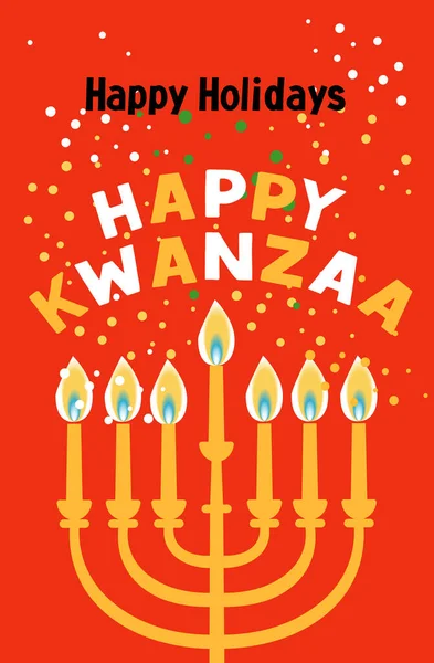 Happy Kwanzaa vector flat illustration candels on red background with confetti. African celebration cute design card. — Stock Vector