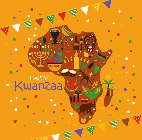 Διανυσματική κάρτα εορτασμού Happy Kwanzaa. Holiday αφρικανικά αμερικανικά σύμβολα σε κίτρινο φόντο σε αφρικανικό χάρτη. — Διανυσματικό Αρχείο