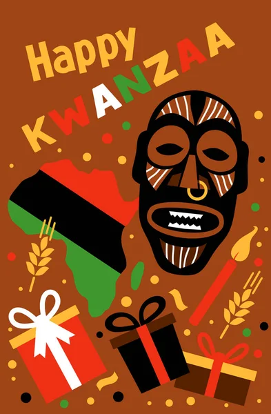 Vector card with collection of Happy Kwanzaa. Holiday symbols on brown background. Vector illustration. — Stock Vector