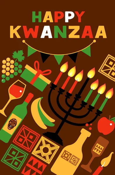 Vector illustration of Kwanzaa. Holiday african symbols with lettering on brown background. — Stock Vector
