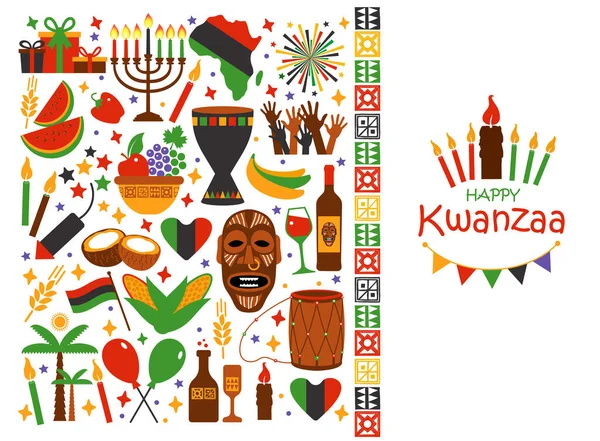 Vector illustration collection of Happy Kwanzaa. Holiday symbols on white background. Vector illustration. — Stock Vector