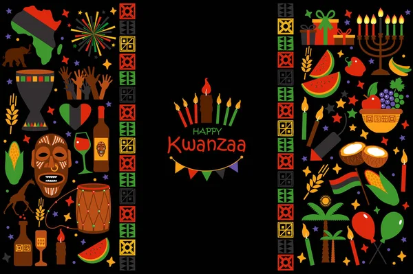 Vector card with collection of Happy Kwanzaa. Holiday symbols on black background. Vector illustration. — Stock Vector