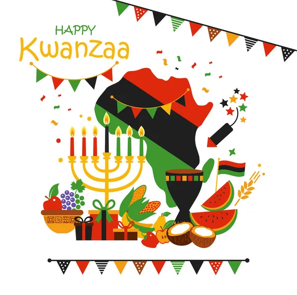 Vector card of celebration Happy Kwanzaa. Holiday symbols on white background with african map. — Stock Vector