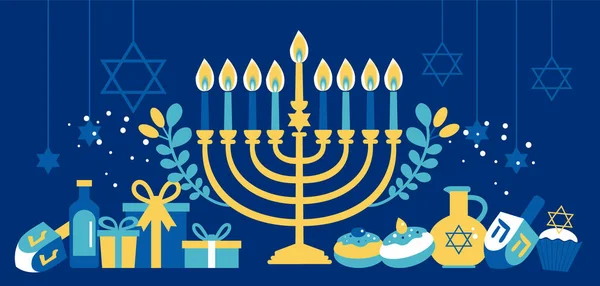 Židovská dovolená Hanukkah přání tradiční Chanukah-Menora svíčky, Hvězdná David ilustrace na modré. — Stockový vektor