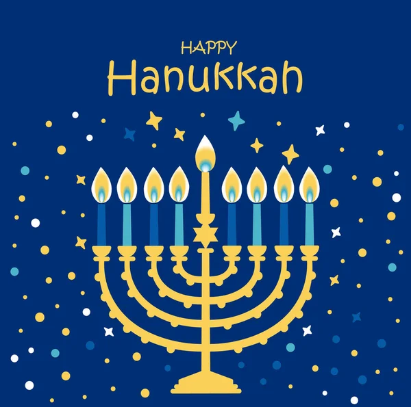 Židovská dovolená Chanuka přání tradiční Chanuka symboly - menorah svíčky s hvězdičkovou ilustrací na modré. — Stockový vektor