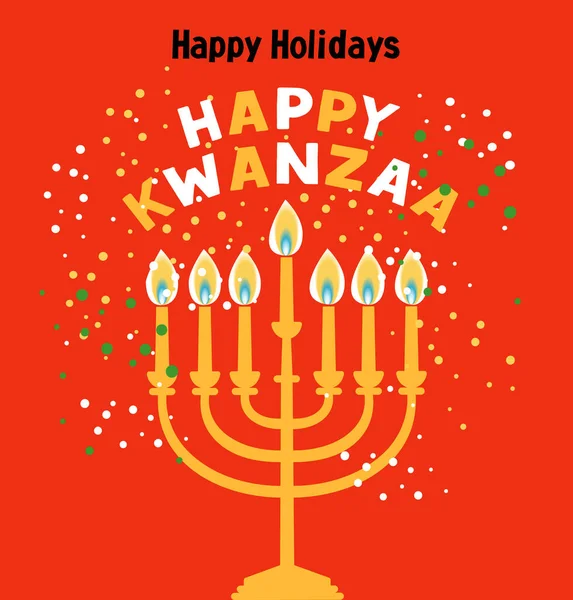 Happy Kwanzaa vector flat illustration on red background with confetti. 아프리카 축하귀여운 디자인 카드. — 스톡 벡터