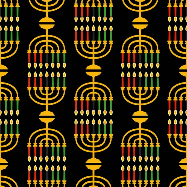 Söt Kwanzaa sömlöst mönster med sju kinaraljus i traditionella afrikanska färger - svart, röd, grön på svart. Vector Kwanzaa semester bakgrund design. — Stock vektor