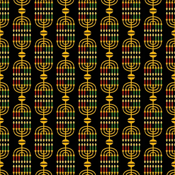 Söt Kwanzaa sömlöst mönster med sju kinaraljus i traditionella afrikanska färger - svart, röd, grön på svart. Vector Kwanzaa semester bakgrund design. — Stock vektor