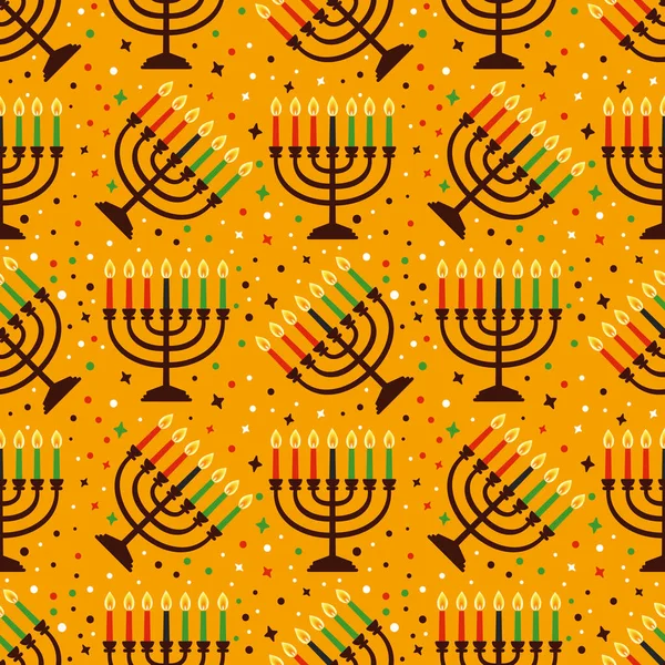 Roztomilý Kwanzaa bezešvý vzor se sedmi kinara svíčkami a tečkami, hvězdy, v tradičních afrických barvách - černá, červená, zelená na žluté. Vektor Kwanzaa dovolená pozadí design. — Stockový vektor