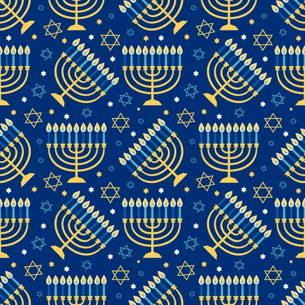 Hanukka menorahシームレスなパターン。ユダヤ教の祝日の宗教的背景。ベクターイラスト — ストックベクタ