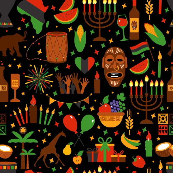 Kwanzaa modello senza soluzione di continuità di Africa con colori tradizionali e simboli. Nero sfondo esotico. — Vettoriale Stock