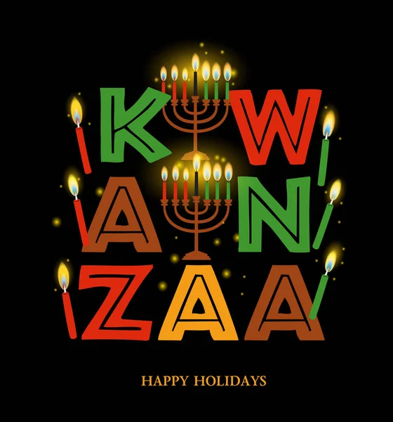 Vector illustration of Kwanzaa. Holiday african symbols with lettering on black background. — Stock Vector