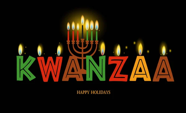 Banner for Kwanzaa with traditional colored and candles on yellow background representing the Seven Principles or Nguzo Saba . — Stock Vector
