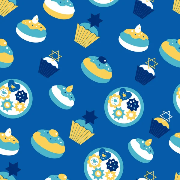Patrón sin costuras Hanukkah. Judío donut textura perfecta, postre tradicional en la fiesta de fondo Hanukkah. Patrón de rosquilla judía. Ilustración vectorial — Vector de stock