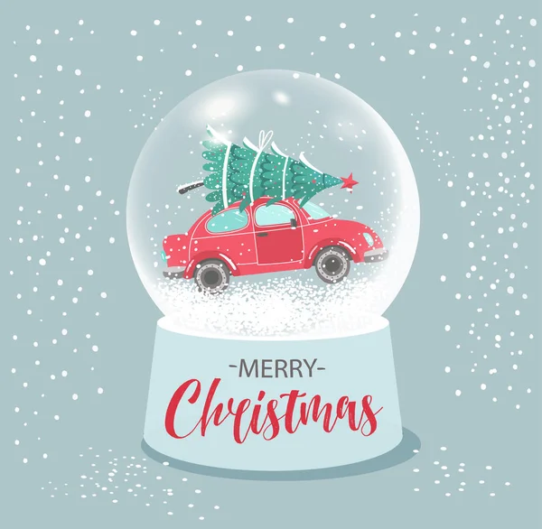 Christmas globe with car and tree in a snowt. Vector illustration new year card. — Stock Vector