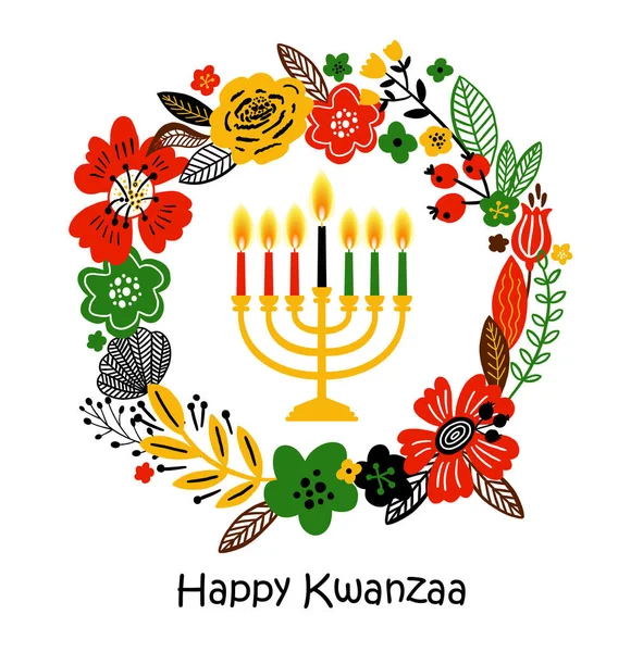 Banner for Kwanzaa with traditional candles representing the Seven Principles or Nguzo Saba. Lettering Happy Kwanzaa. Vector greeting card in wreath background. — Stock Vector