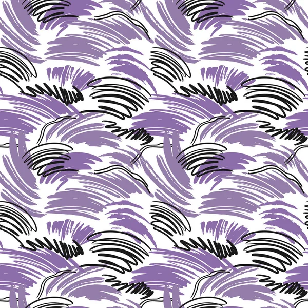 Motif de gribouillage vectoriel sans couture, fait de lignes et de traits chaotiques. Noir blanc violet couleurs surface design très péri tendance fashion design. — Image vectorielle