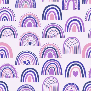 Güzel bebek nötr bohem gökkuşağı kusursuz desen. Trend gökkuşağı yüzeyi. Bebek partisi davetiyeleri, kartlar, bebek odası posterleri, kumaşlar için boho gökkuşağı. Beyaz üzerine vektör desenli bohem gökkuşakları