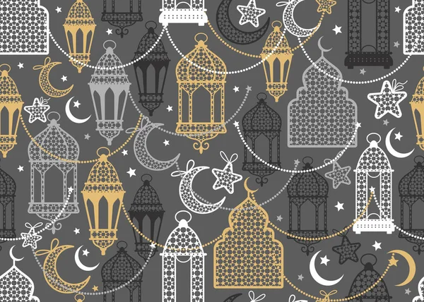 Lanterna árabe e lua, estrelas sem costura padrão no fundo cinza. Vector luxo repetir papel de parede, impressão têxtil, backgrop. —  Vetores de Stock