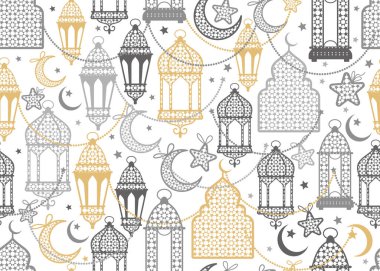 Arabic lantern and moon, stars seamless pattern on white background. Vector luxury repeat wallpaper, textile print, backgrop.