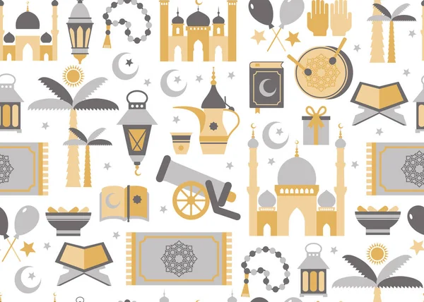 Ramadan Kareem conjunto de ícones de ouro de Arabian.Seamless padrão no fundo branco. —  Vetores de Stock