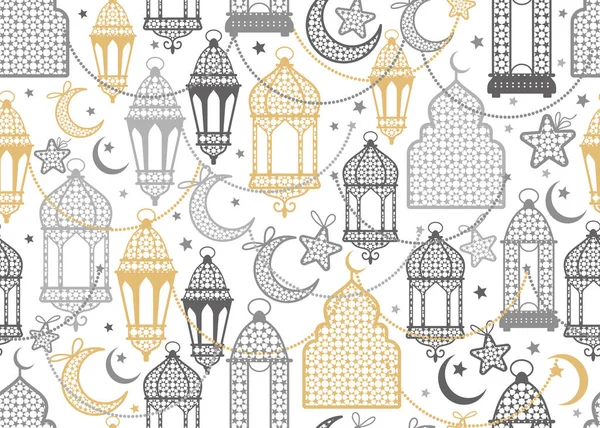 Lanterna árabe e lua, estrelas sem costura padrão no fundo branco. Vector luxo repetir papel de parede, impressão têxtil, backgrop. —  Vetores de Stock