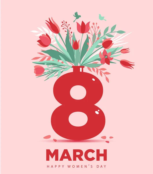 Grafisk design vykort för internationella kvinnodagen med 8 Mars inskription och tulpaner i vas. Vertikalt gratulationskort med blombukett. Färgglada platt vektor illustration. — Stock vektor