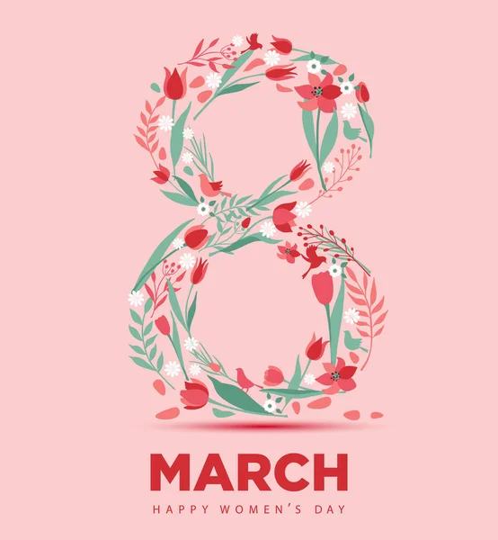 Grafisk design vykort för internationella kvinnodagen med 8 Mars inskription och tulpaner. Vertikalt gratulationskort med blomma i siffran 8. — Stock vektor