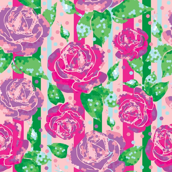 Nahtloses Mustermuster mit Rosen im geometrischen Linienstil lila Blüten mit Knospen auf einem Pfirsichhintergrund. Der Stoff ist modisch mit Trendmuster. — Stockvektor