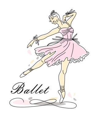 Woman ballet dancer of continuous line drawing in pink color.
