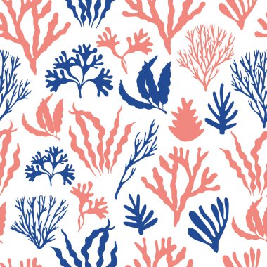 Seamless pattern with marine plants, leaves and seaweed.