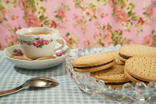 Uma Xícara Porcelana Cheia Chá Dois Pequenos Biscoitos Pires Uma — Fotografia de Stock