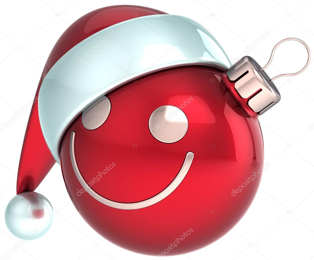 New Year smiley face Christmas ball red Happy Santa hat decoration. Happiness joy fun icon