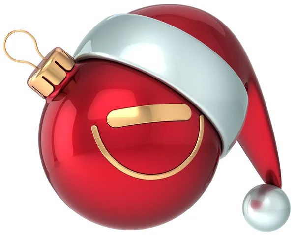 Vánoční koule smajlík obličej červený šťastný nový rok santa klobouk dekorace legrační — Stock fotografie