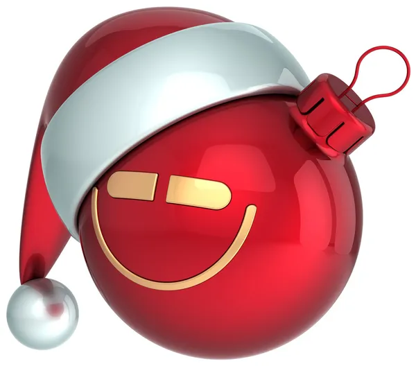 Sorriso palla di Natale rosso Capodanno Babbo Natale cappello bauble sorriso icona decorazione del viso. emoticon invernale — Foto Stock