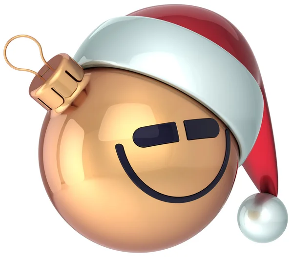 Smiling face Christmas ball gold Happy New Year bauble smile Santa hat icon decoration — Stock Photo, Image