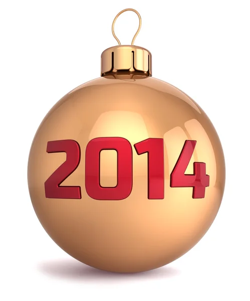 Nuevo 2014 Año bauble Navidad bola decoración oro rojo. Hermosa tarjeta de felicitación tradicional de vacaciones de invierno de Feliz Navidad —  Fotos de Stock