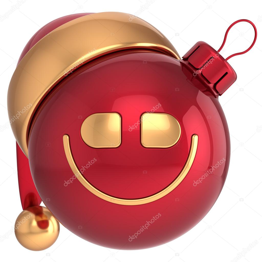 Smiling Christmas ball Happy New Year smile bauble Santa hat smiley face icon decoration red gold