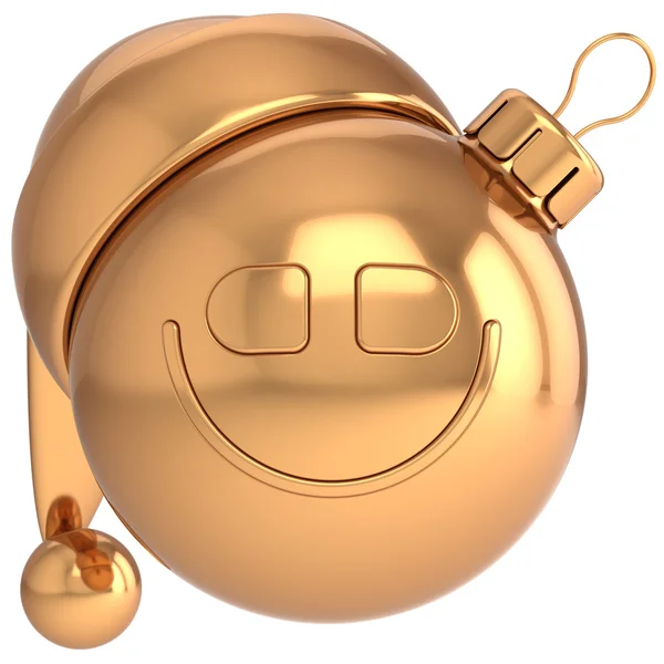 Christmas ball smiling avatar Happy New Year gold bauble Santa hat smiley face icon decoration gold — Stock Photo, Image