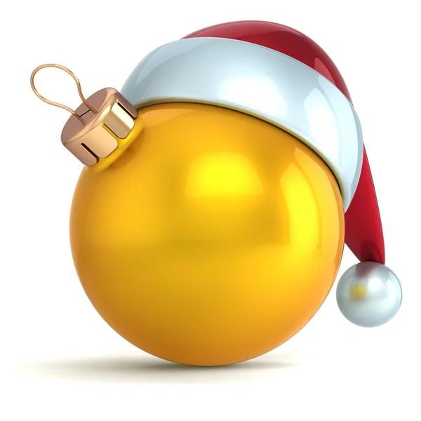 Christmas ball ornament New Year bauble decoration gold yellow Santa hat icon happy emoticon — Stock Photo, Image