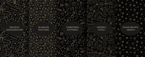 Set van vector naadloze kerst patronen - met de hand getekend ontwerp. Stijlvolle zwarte tekening texturen. Vakantie eindeloze achtergronden in doodle stijl — Stockvector