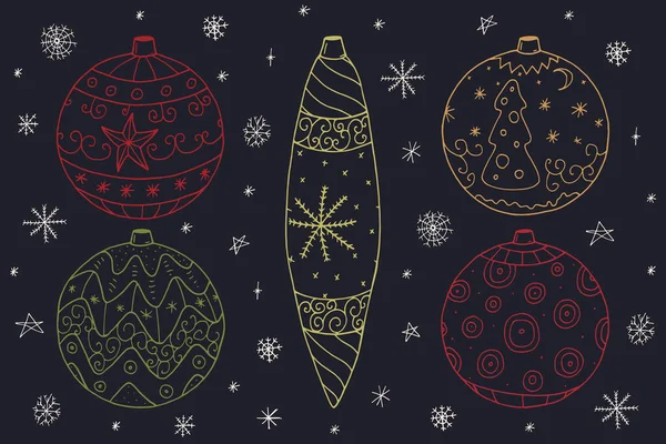 Coleção de bolas de Natal no estilo doodle. Ilustração vetorial desenhada à mão — Vetor de Stock