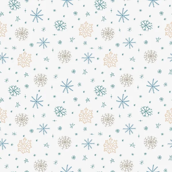 Modello bianco disegnato a mano senza cuciture con fiocchi di neve. Stagione invernale - periodo natalizio. Illustrazione vettoriale in stile doodle — Vettoriale Stock