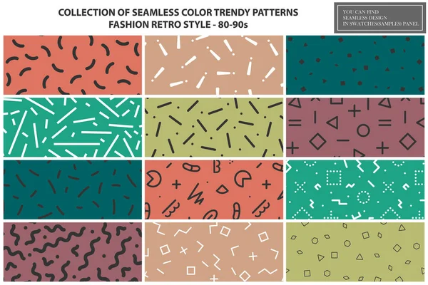 Kollektion trendiger farbenfroher Muster. Retro-Stil - Mode 80-90er Jahre. Textile Texturen, endlose Hintergründe. Nahtloses Design finden Sie in der Musterleiste — Stockvektor