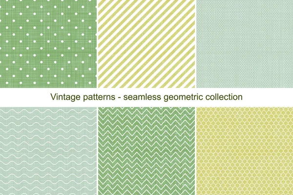 Colección de patrones vintage geométricos sin costura vectorial. Antiguos fondos coloridos. Textil infinitas texturas — Vector de stock